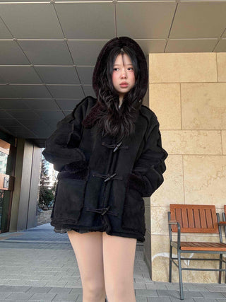 Fur-trimmed Pocket Double Toggle Oversized Duffle Jacket