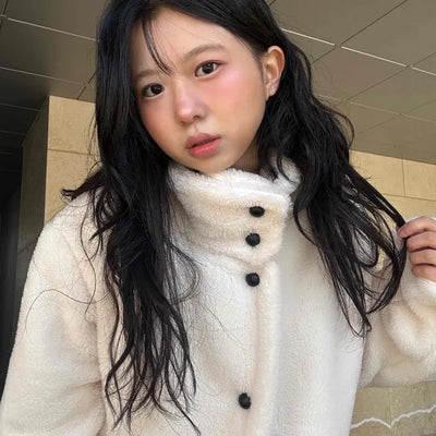 Turtleneck Front Button Teddy Bear Fleece Coat