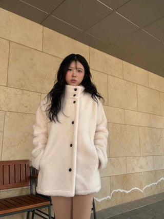 Turtleneck Front Button Teddy Bear Fleece Coat