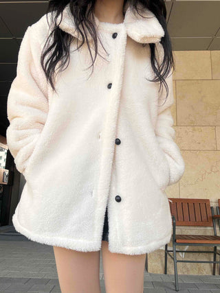 Turtleneck Front Button Teddy Bear Fleece Coat