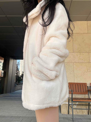 Turtleneck Front Button Teddy Bear Fleece Coat