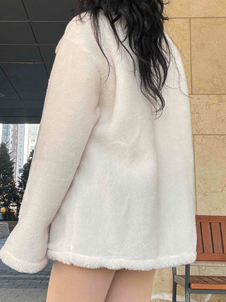 Turtleneck Front Button Teddy Bear Fleece Coat