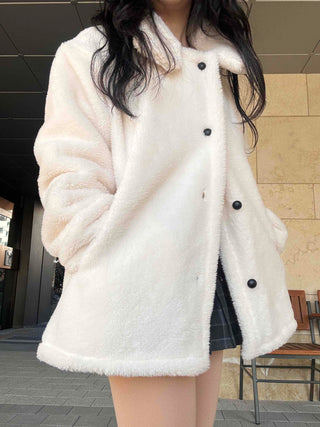 Turtleneck Front Button Teddy Bear Fleece Coat