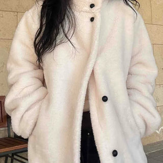 Turtleneck Front Button Teddy Bear Fleece Coat