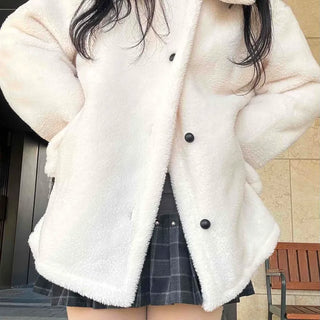 Turtleneck Front Button Teddy Bear Fleece Coat