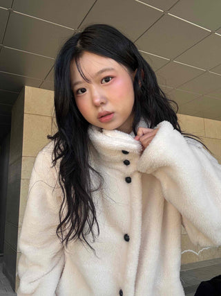 Turtleneck Front Button Teddy Bear Fleece Coat