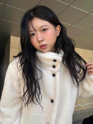 Turtleneck Front Button Teddy Bear Fleece Coat