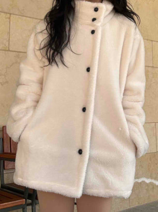 Turtleneck Front Button Teddy Bear Fleece Coat