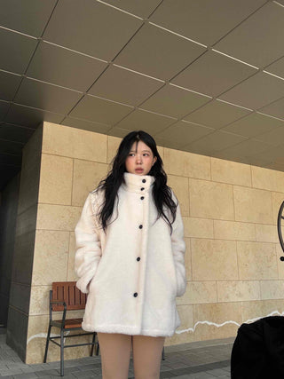 Turtleneck Front Button Teddy Bear Fleece Coat