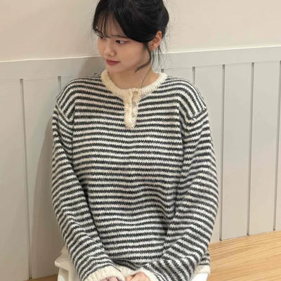 Casual Henley Neck Striped Loose Fit Knit