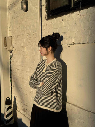 Casual Henley Neck Striped Loose Fit Knit