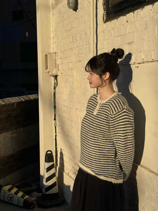 Casual Henley Neck Striped Loose Fit Knit