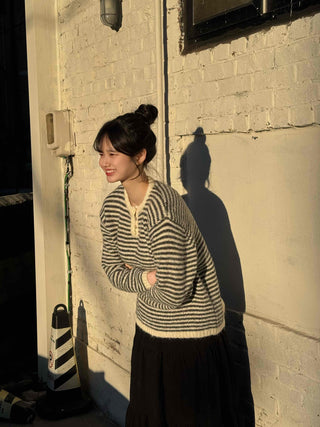 Casual Henley Neck Striped Loose Fit Knit