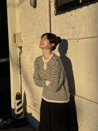 Casual Henley Neck Striped Loose Fit Knit