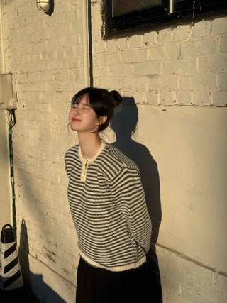 Casual Henley Neck Striped Loose Fit Knit