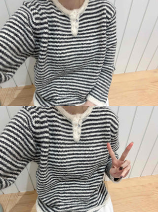 Casual Henley Neck Striped Loose Fit Knit