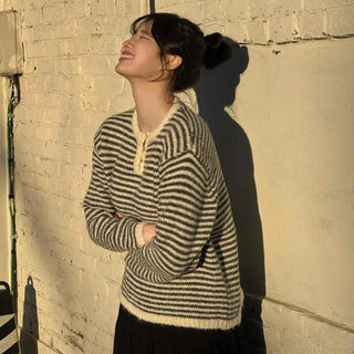 Casual Henley Neck Striped Loose Fit Knit