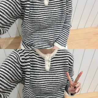 Casual Henley Neck Striped Loose Fit Knit