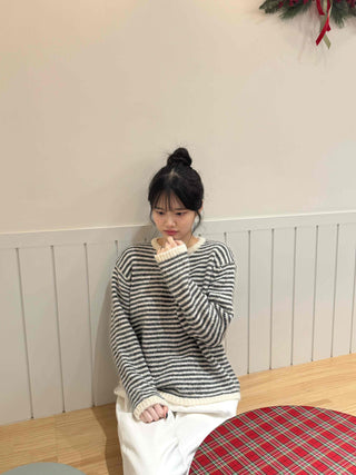 Casual Henley Neck Striped Loose Fit Knit