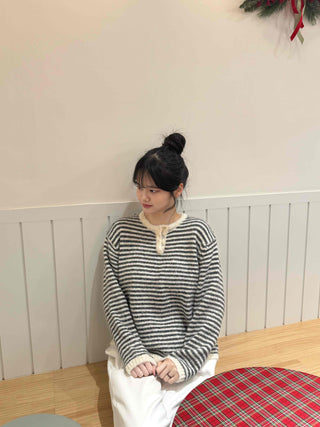 Casual Henley Neck Striped Loose Fit Knit