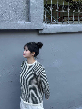 Casual Henley Neck Striped Loose Fit Knit