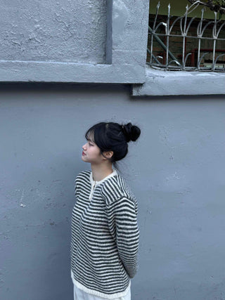 Casual Henley Neck Striped Loose Fit Knit