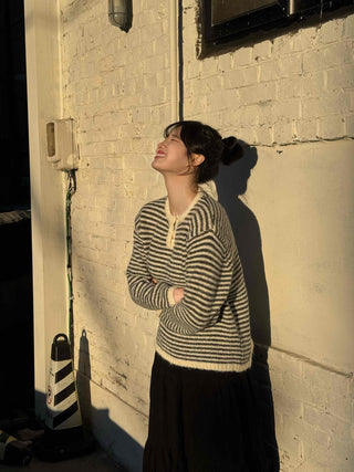 Casual Henley Neck Striped Loose Fit Knit