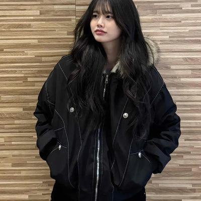 Oversized Bomber Jacket with Stitch Detail