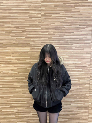 Oversized Bomber Jacket with Stitch Detail