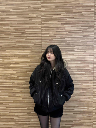 Oversized Bomber Jacket with Stitch Detail