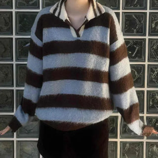 Striped Color Block Collar Oversized Knit