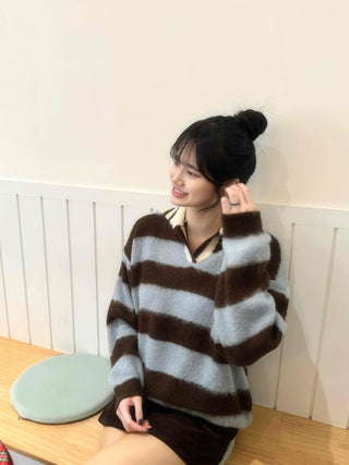 Striped Color Block Collar Oversized Knit