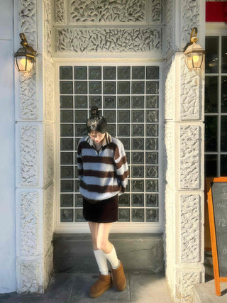 Striped Color Block Collar Oversized Knit