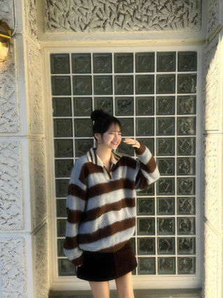 Striped Color Block Collar Oversized Knit