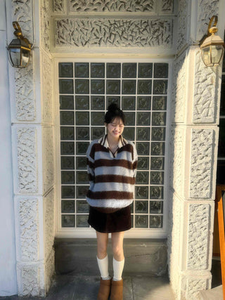 Striped Color Block Collar Oversized Knit
