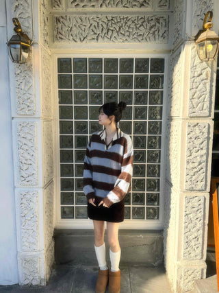 Striped Color Block Collar Oversized Knit