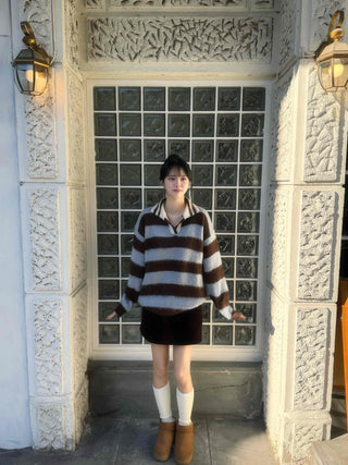 Striped Color Block Collar Oversized Knit