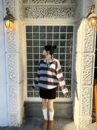 Striped Color Block Collar Oversized Knit