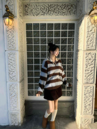 Striped Color Block Collar Oversized Knit
