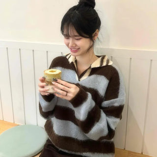 Striped Color Block Collar Oversized Knit
