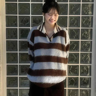 Striped Color Block Collar Oversized Knit