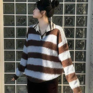 Striped Color Block Collar Oversized Knit
