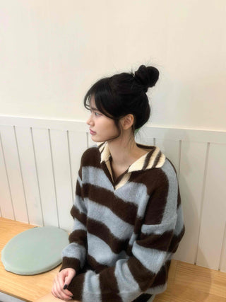 Striped Color Block Collar Oversized Knit