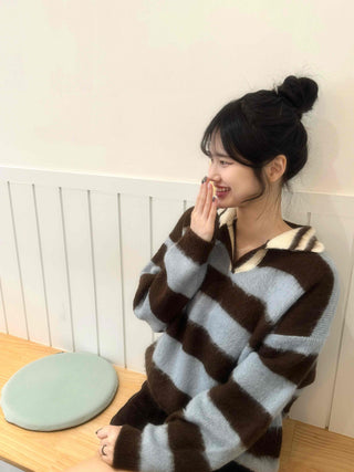 Striped Color Block Collar Oversized Knit