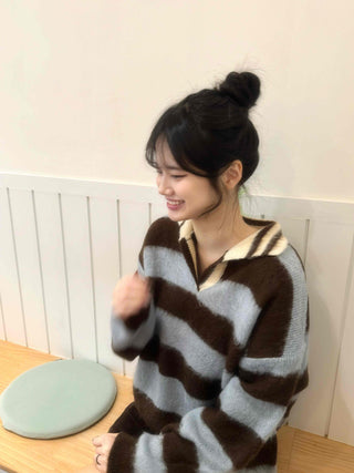 Striped Color Block Collar Oversized Knit