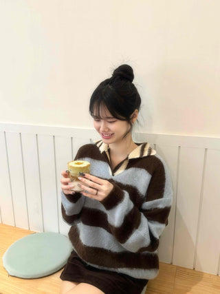 Striped Color Block Collar Oversized Knit