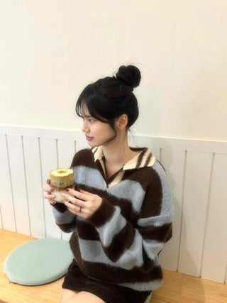 Striped Color Block Collar Oversized Knit