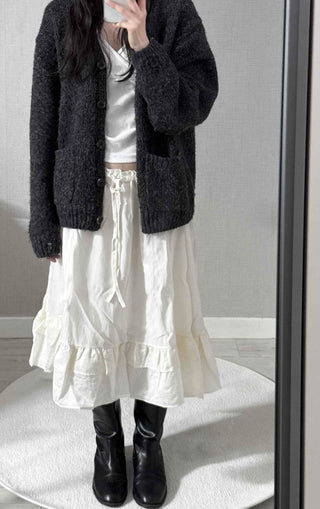 Pleated Banding Shirred Flare Midi Skirt