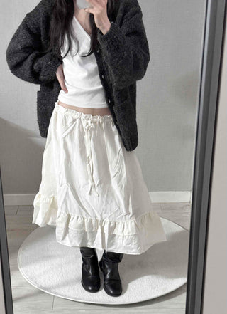 Pleated Banding Shirred Flare Midi Skirt