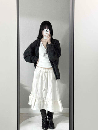 Pleated Banding Shirred Flare Midi Skirt